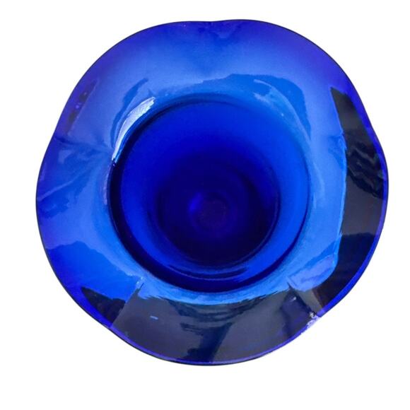 Cobalt Blue Art Glass Trumpet Vase Clear Base 9” Tall - Picture 5 of 8